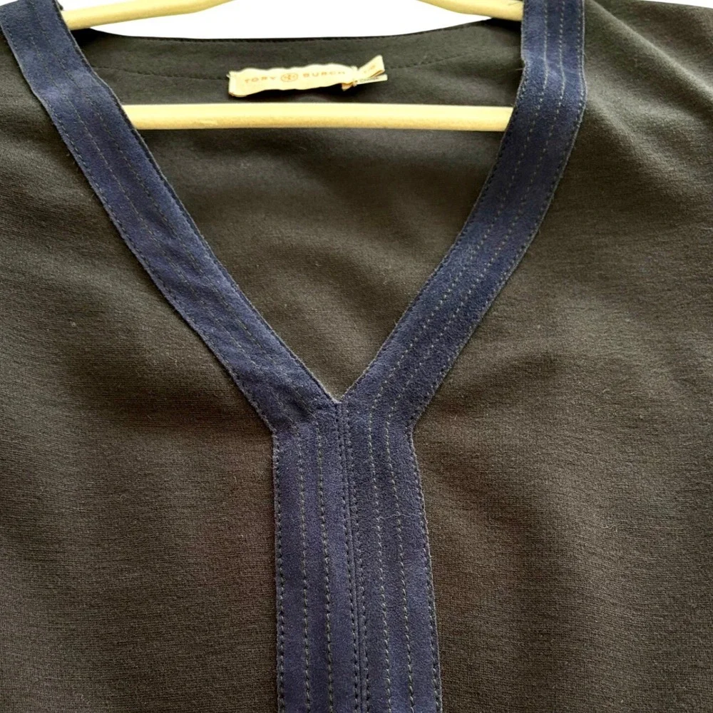 Tory Burch Navy Wool Blend V-Neck Shift Dress Suede Trim Classic Quiet Luxury L‎